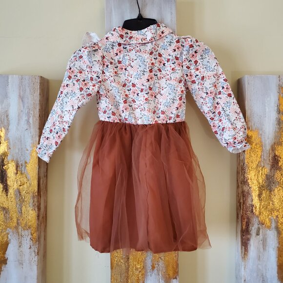 Tween Girls Floral Print Rust Tulle Dress with Woven Belt SZ 5Y - Picture 5 of 10